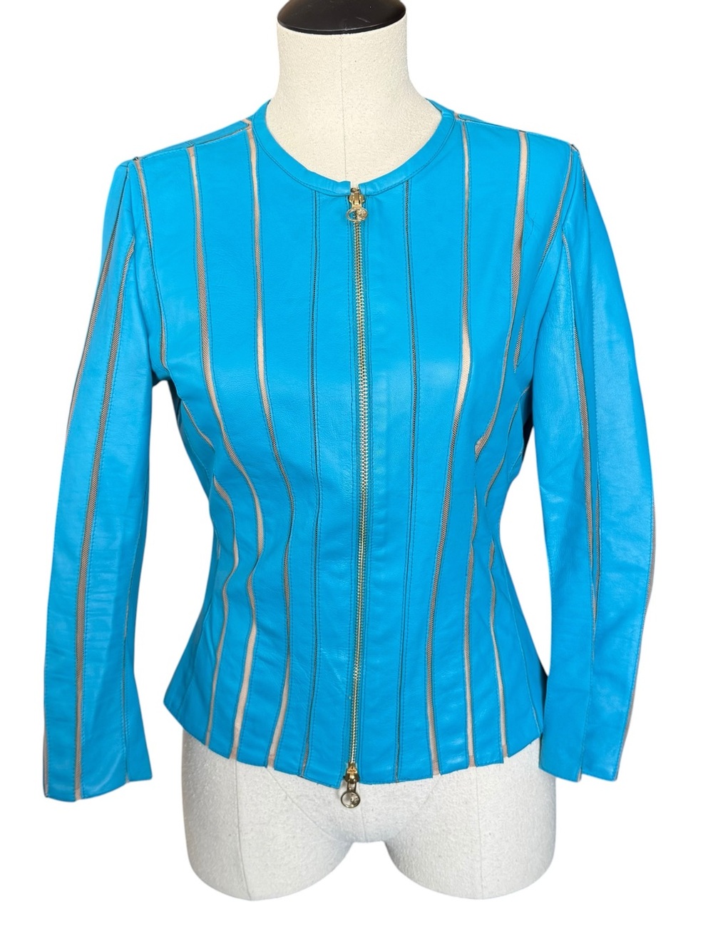 Versace Collection Turquoise Blue Zip-Front Leather Jacket Medusa Top Sheer 44
